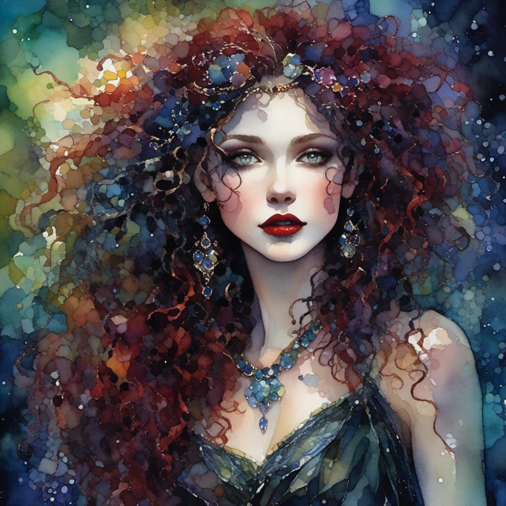 Dramatic Gothic Portrait with Dark Makeup and Curls