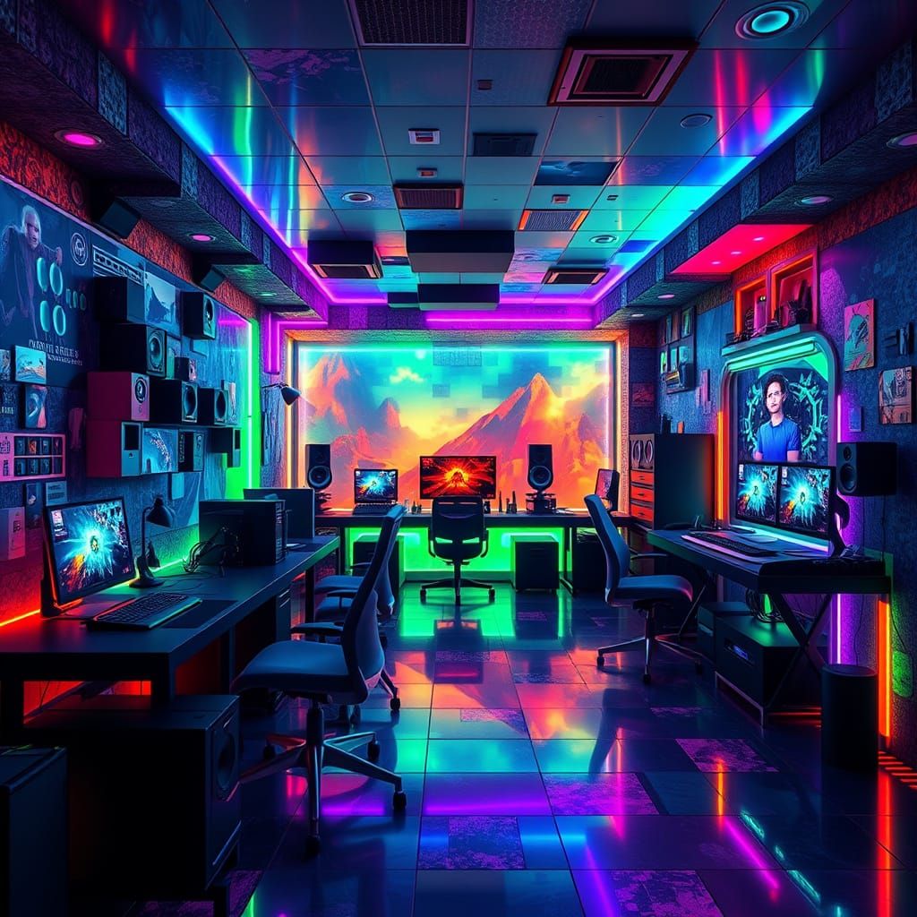 Futuristic Gaming Room with Neon and Rainbow Hues in Cyberpu...