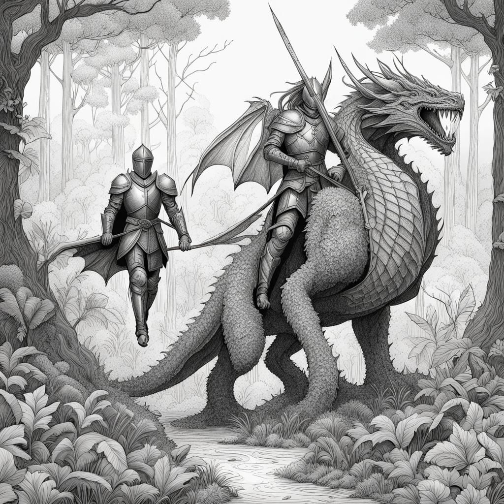 Knight and dragon. Line Art