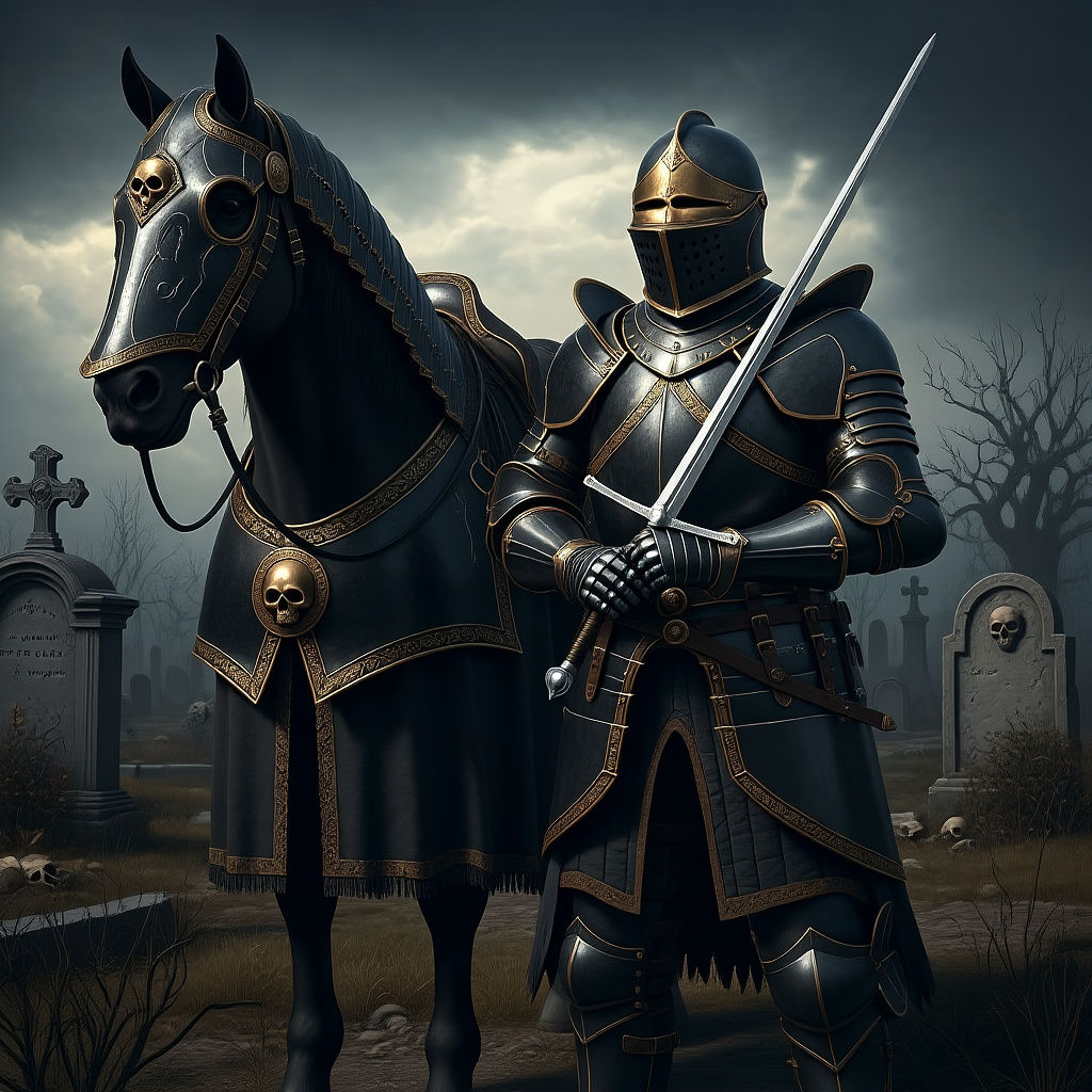 Gothic Knight in Black Armor on Horse