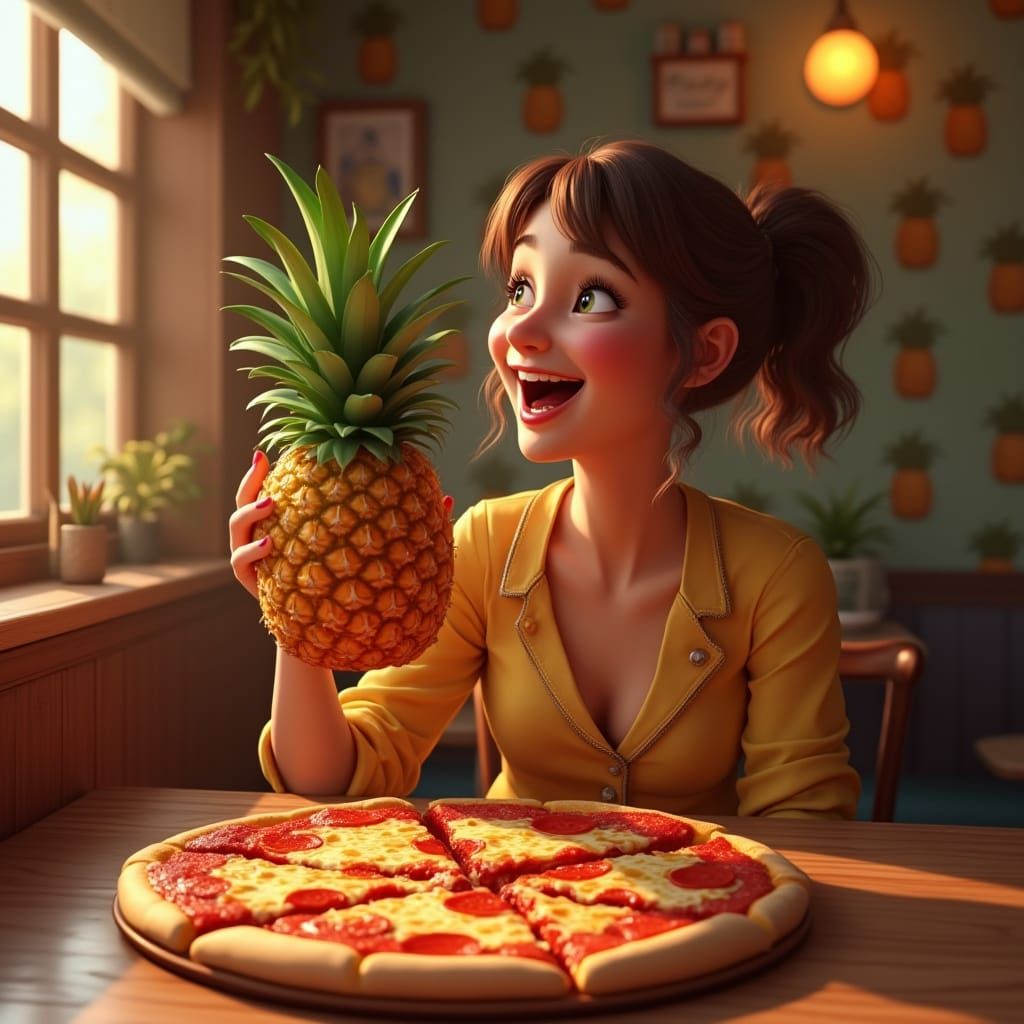 Vibrant Pineapple Slices into Pizza, Cozy Pizza Joint Scene