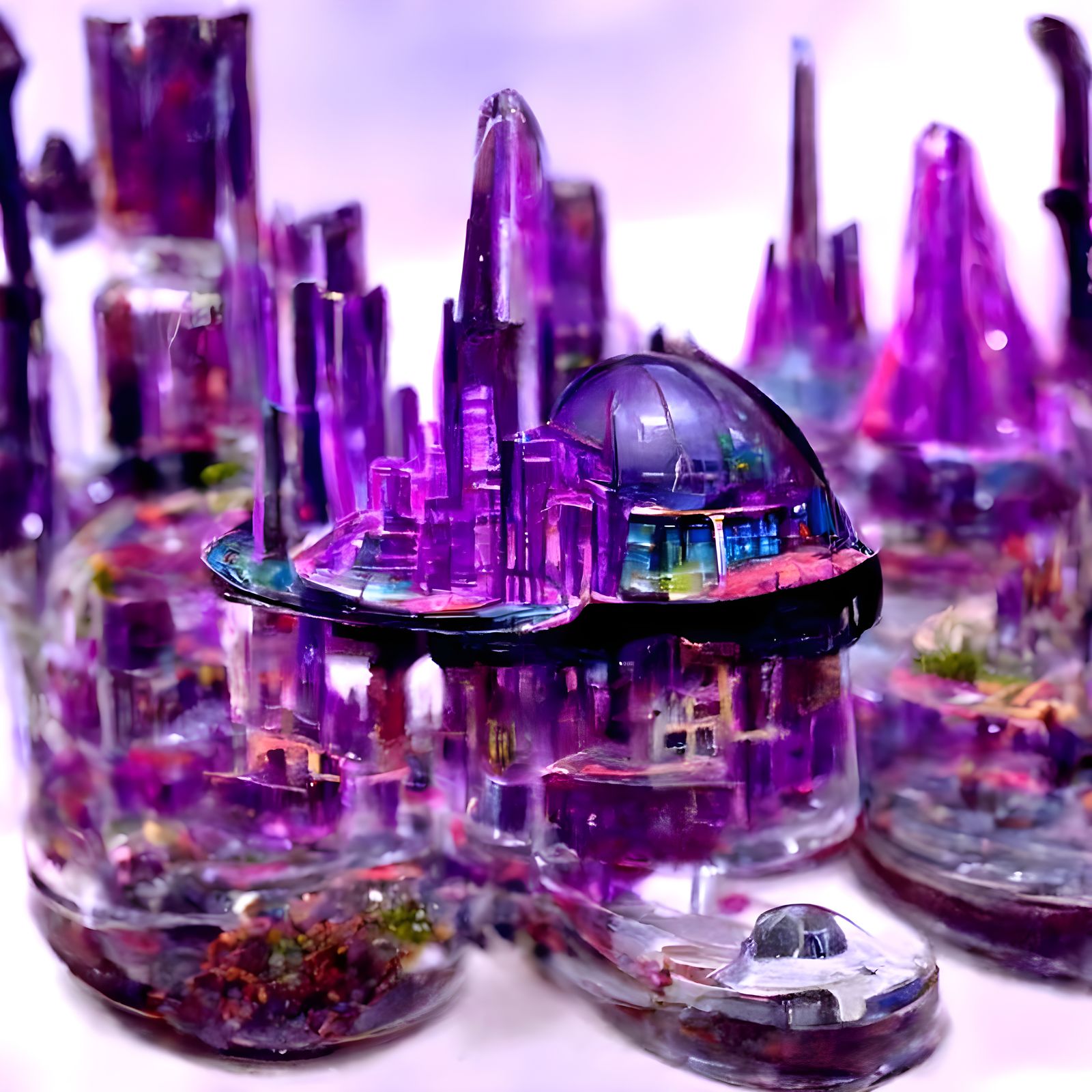 Futuristic Purple City in Glass Dome Diorama