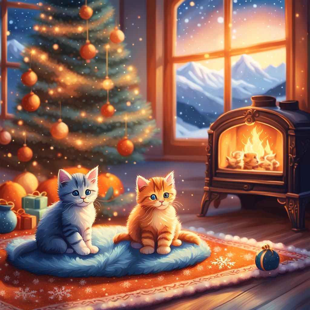 Whimsical Kittens Celebrate Christmas in Fantasy Landscape