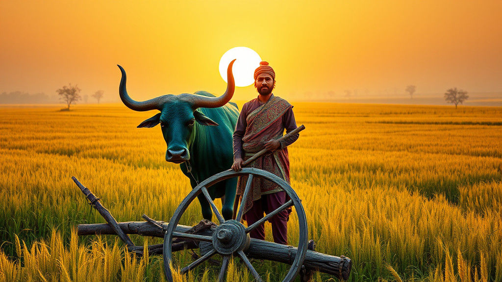 Pakistani Farmer and Mythical Bull in Fantasy Landscape
