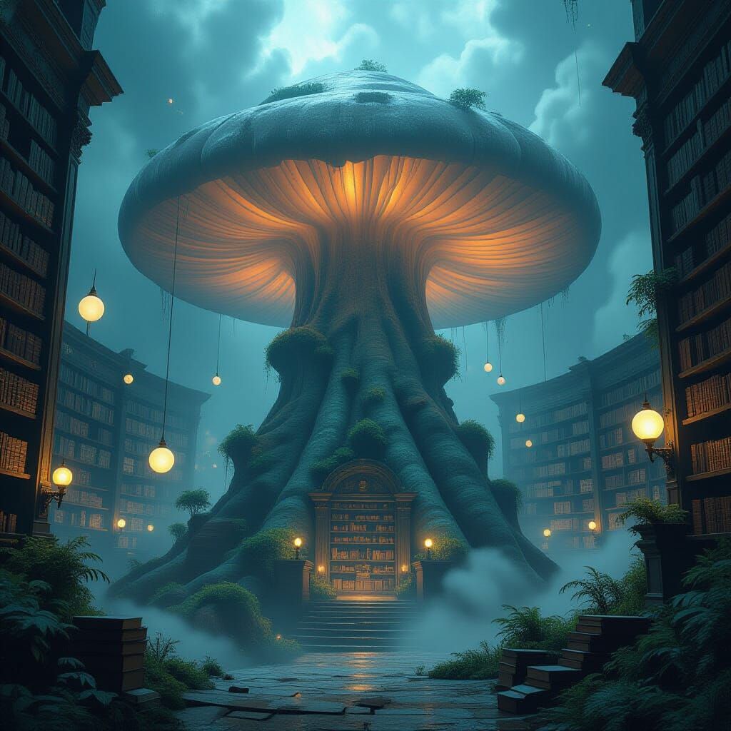 Enchanted Mushroom Library with Floating Lights