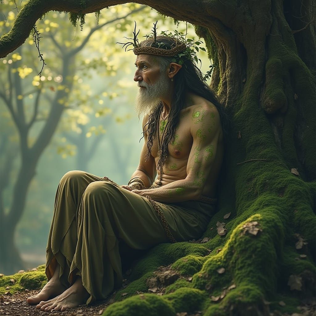 Earth Genasi Elder Seated in Ancient Grove Sanctuary