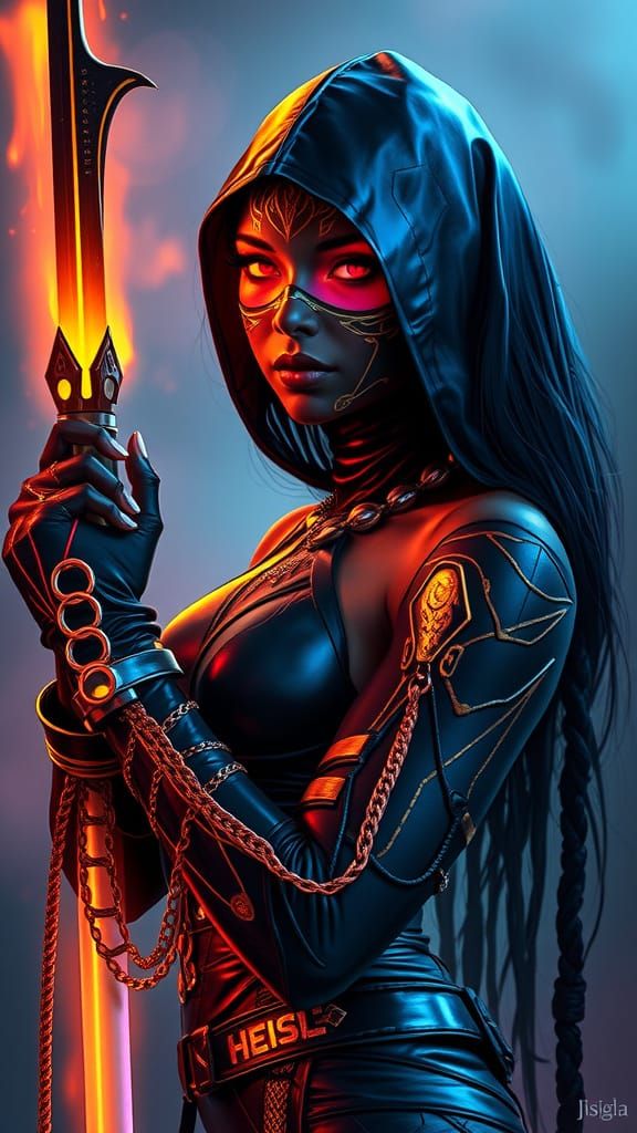 Cyber Assassin in Vibrant Neon Aura