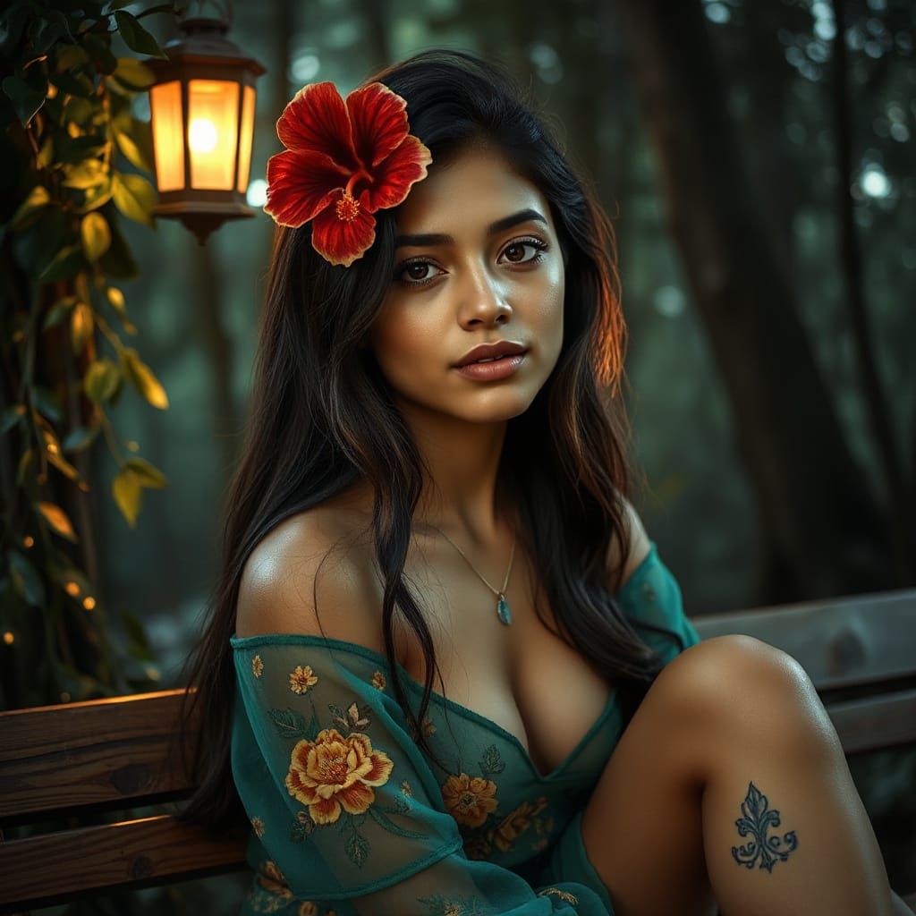 Moonlit Forest Portrait: Latina Beauty in Emerald
