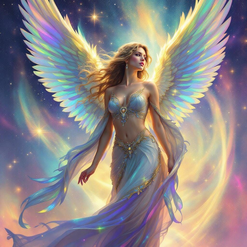 Ethereal Angel with Iridescent Feathers in Art Nouveau Style