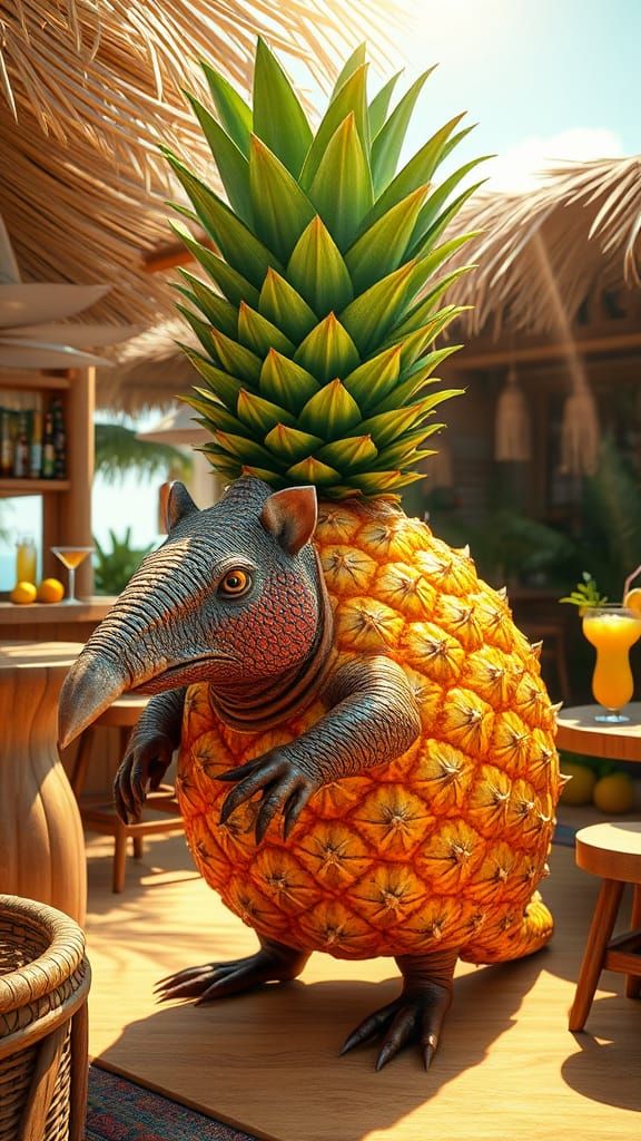 Surreal Tropical Armadillo-Pineapple Hybrid in Golden Paradi...