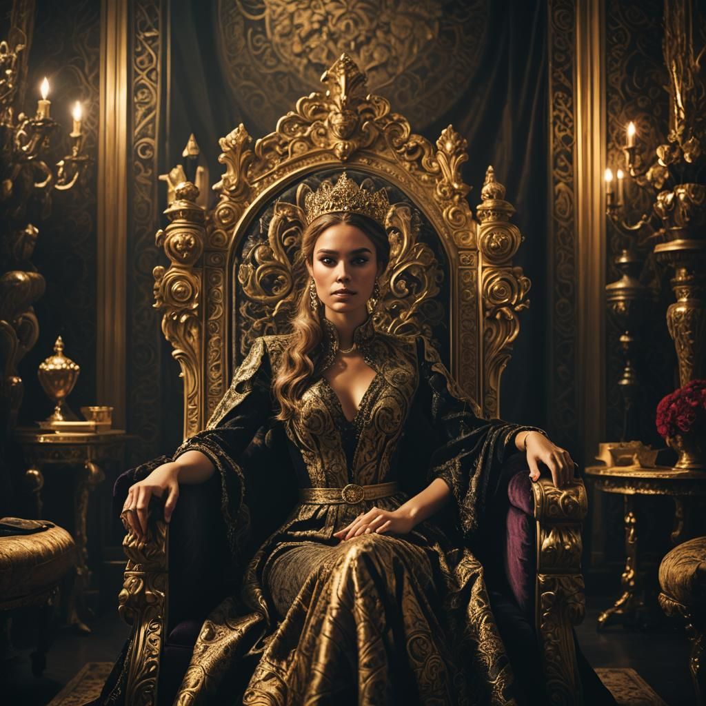 Regal Young Woman on Throne in Opulent Setting