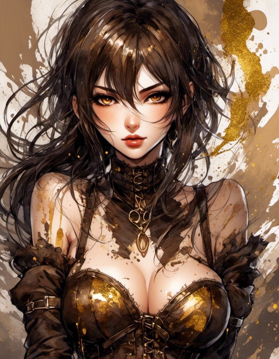 Anime Brunette in Brown and Gold Corset