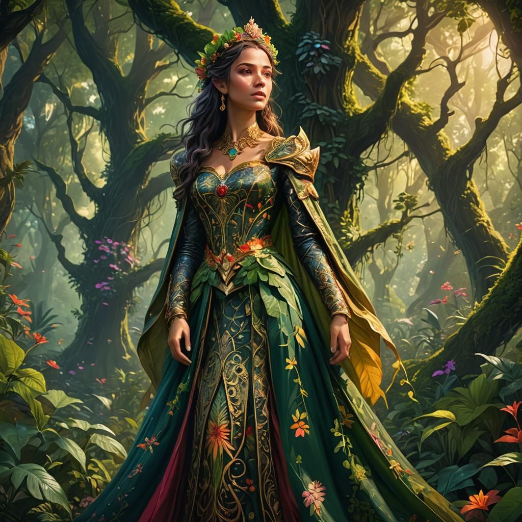 Fantasy Princess in Lush Forest: Digital Matte Painting