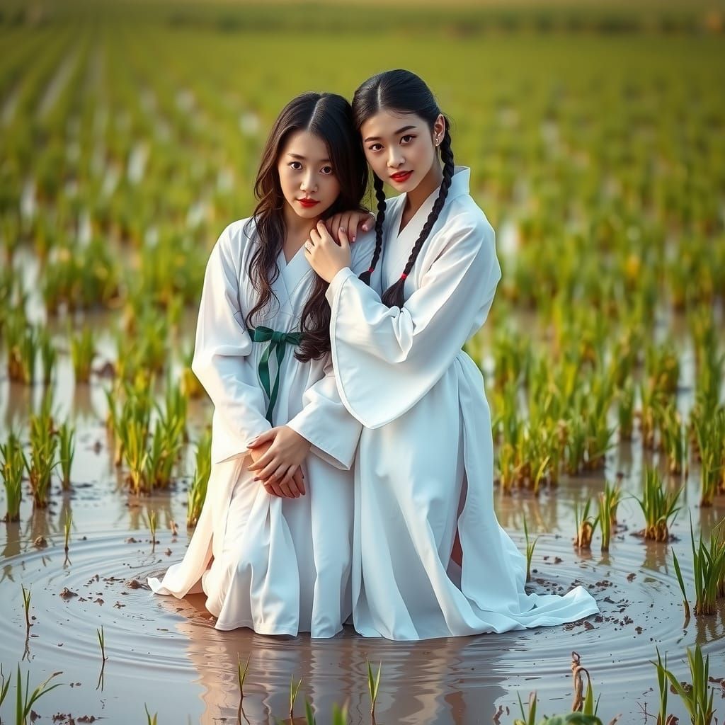 Korean Ladies in Rice Paddy Field: Photorealistic Art