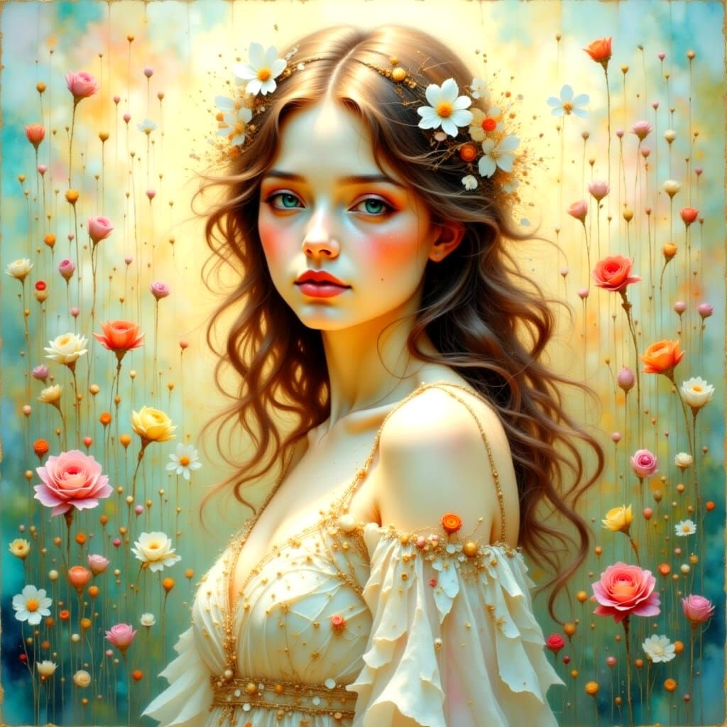 Ethereal Woman with Floral Trail in Pre-Raphaelite Style