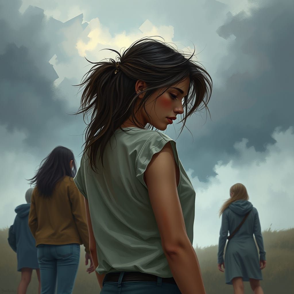 Bereaved Woman Confronts Betrayal in Moody Landscape