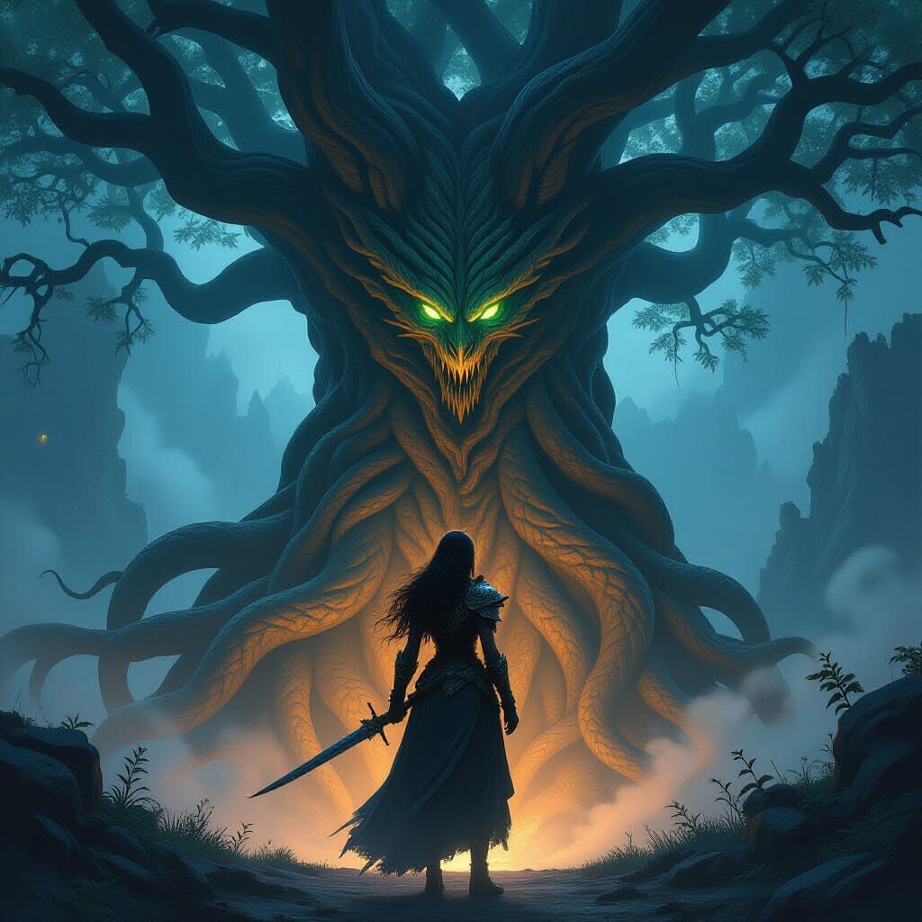 Warrior Woman Before Ancient Tree in Dark Fantasy Style