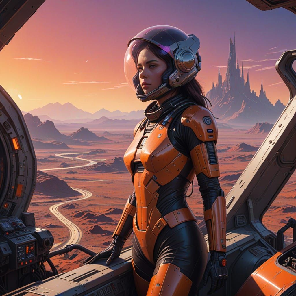 Confident Businesswoman on Mars in Cyberpunk Futurism