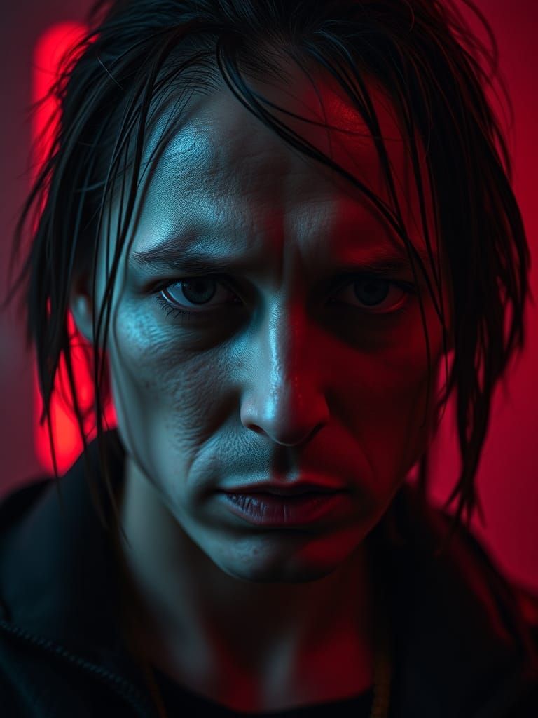 Depressing Futuristic Portrait with Red Light Background