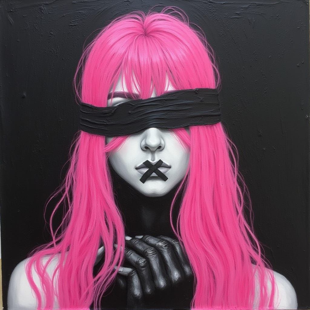 Silenced Woman With Pink Hair Symbolizing Societal Blindness