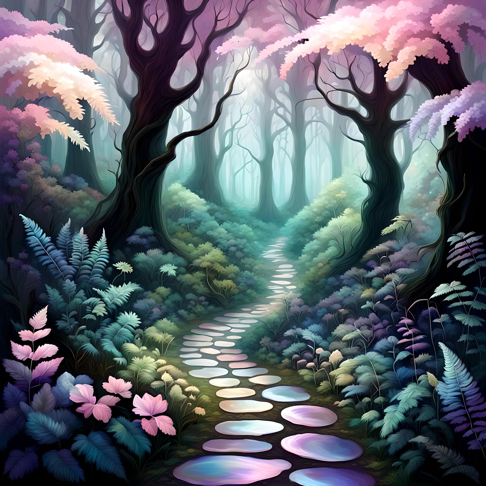 Path through Iridescent mother-of-pearl black fantasy fairy forest, flowers, ferns, trees, background dark green forest