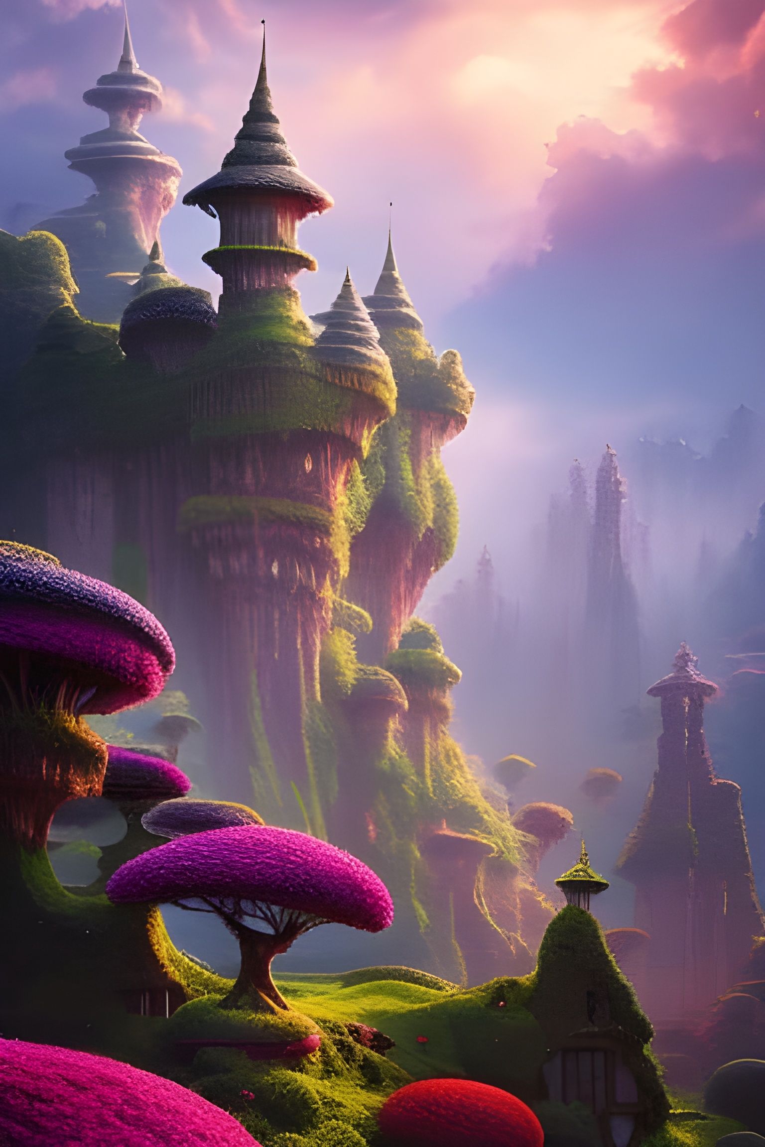 Pink Floating Islands with Fairy Cottages