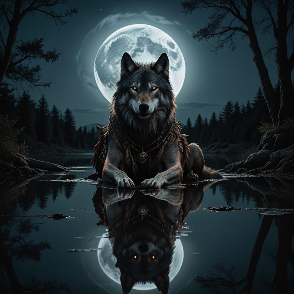Shaman and Wolf Split Image in Moonlight