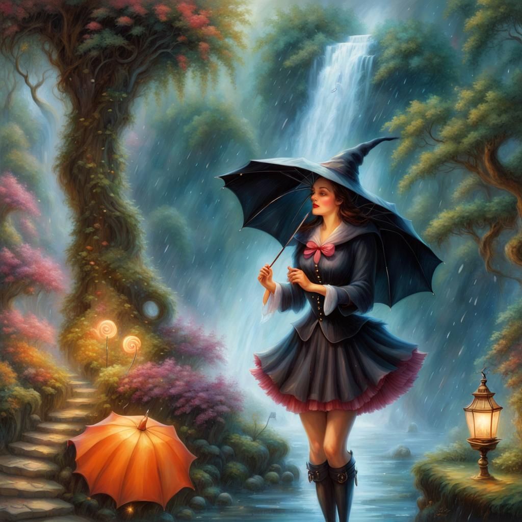 Happy Witch in Magical Waterfall Garden