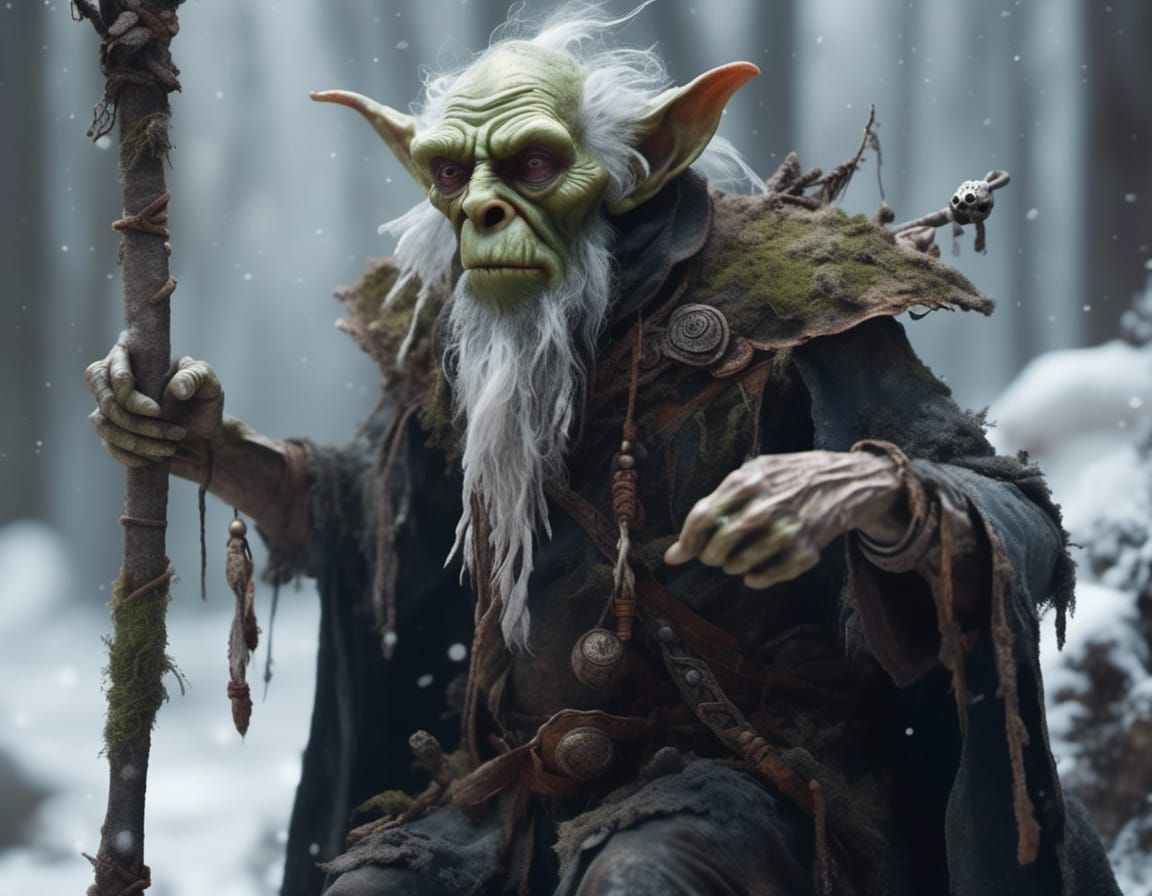 Hyperrealistic Goblin Wizard Chanting in Snowy Woods