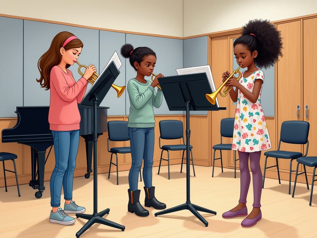 Girls Trumpet Ensemble Rehearsal in Warm Colorful Harmony