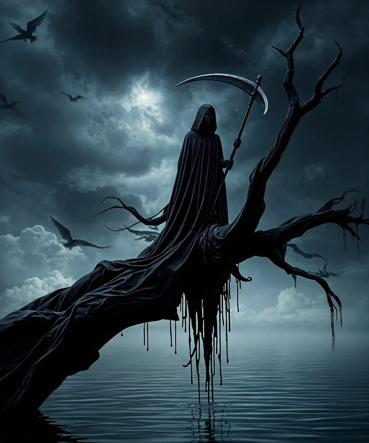 Death on a Gnarled Tree Over Reflective Water