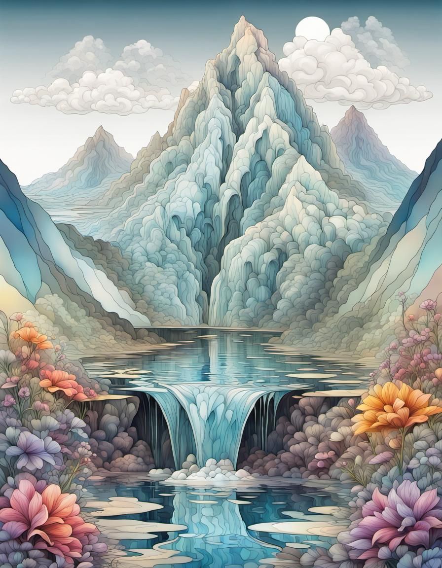 Glass Mountain Waterfall in Art Nouveau Style