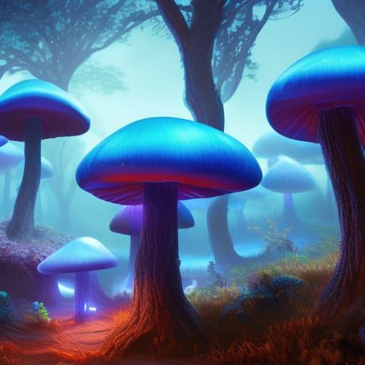 Glowing Blue Mushrooms in Detailed Fantasy Art