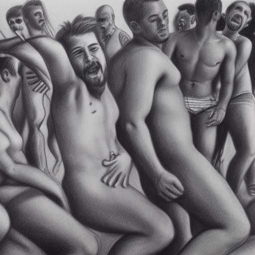 Hyperdetailed Charcoal Drawing of a Beach Party