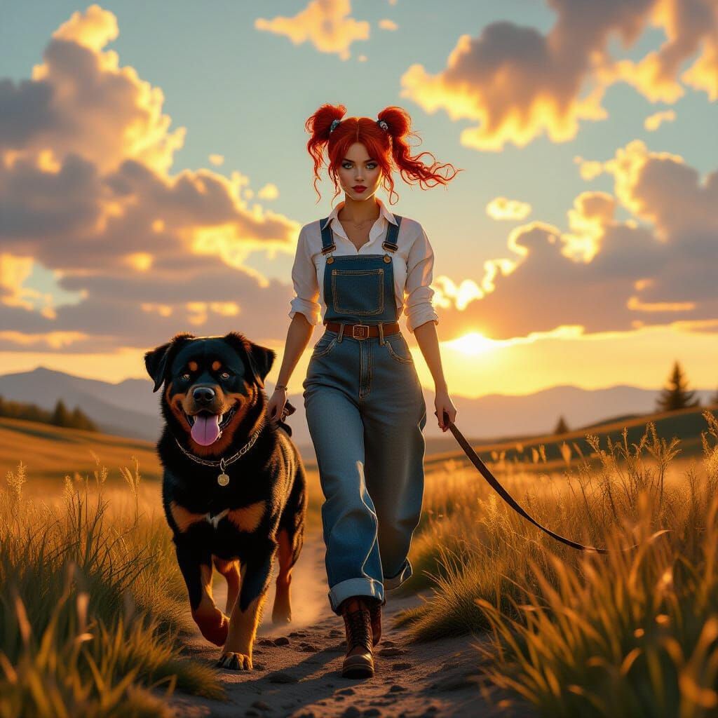 Woman Walks Rottweiler in Golden Hour Landscape