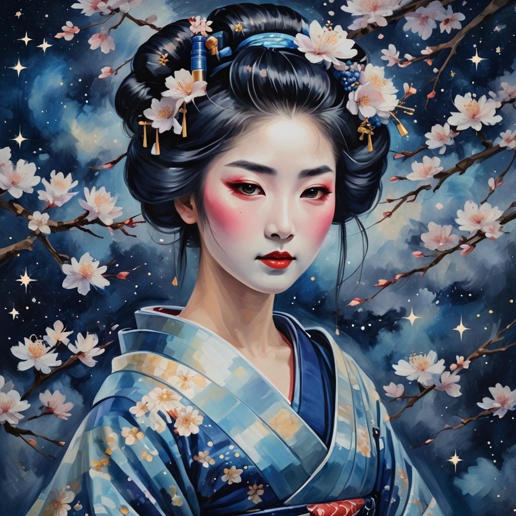 Geisha Double Exposure Portrait in Impressionist Style