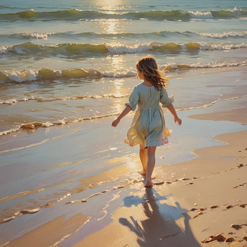 Girl Playing on Beach in Impressionist Style