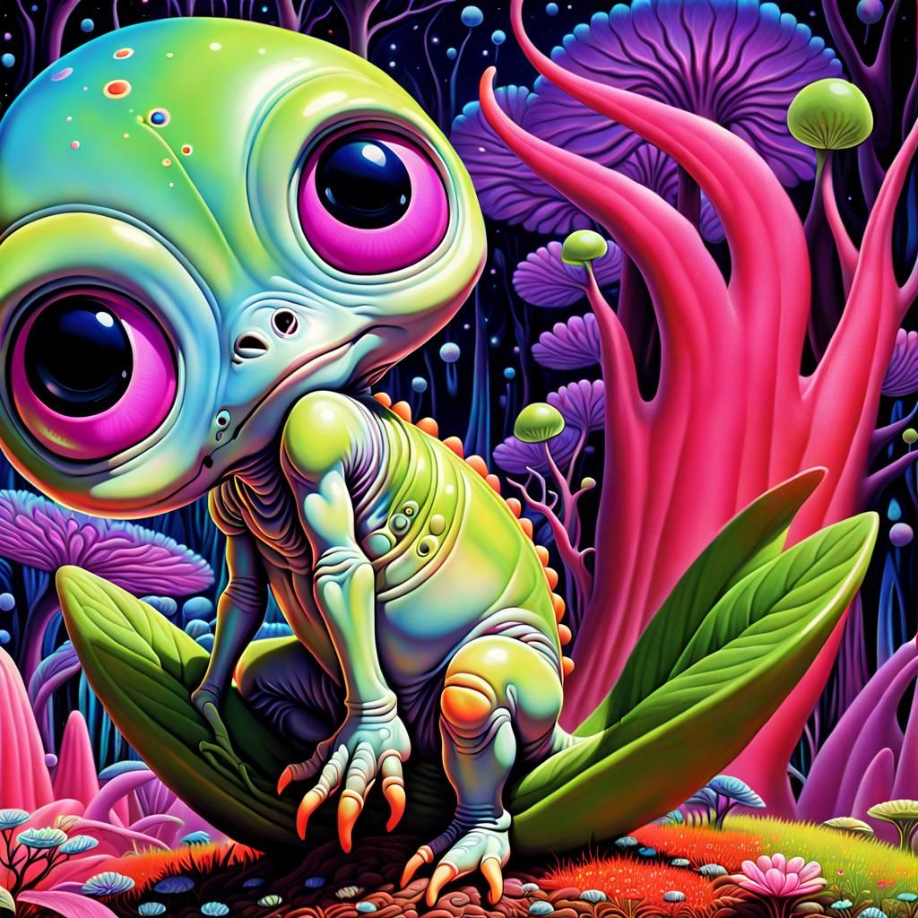 Cute Alien in Psychedelic Forest, Digital Art