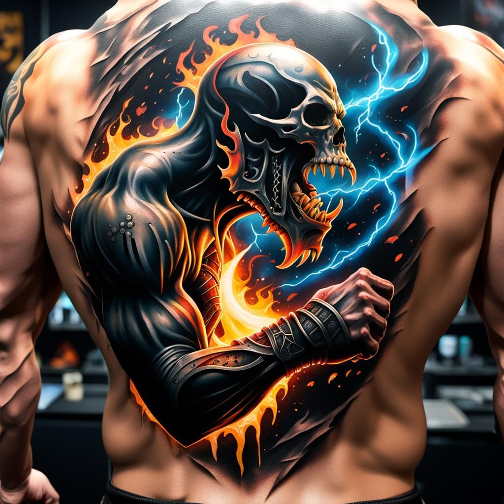 3D tattoo on wrestlers back of reaper swinging sickle ripping through back breathing glowing plasma , GeForce RTX, 2TB ...