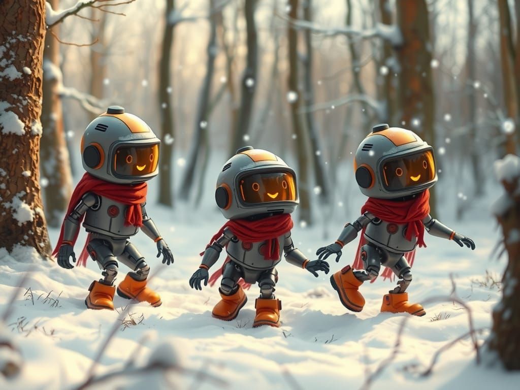 Robots Playing in Winter Forest in Impressionist Style