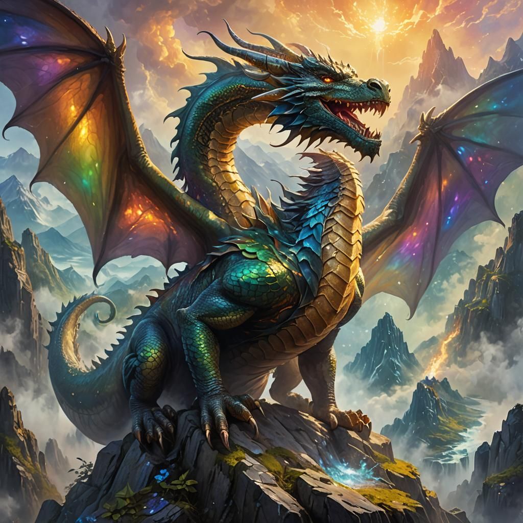 Mighty Dragon Perched on Misty Mountain: Fantasy Art