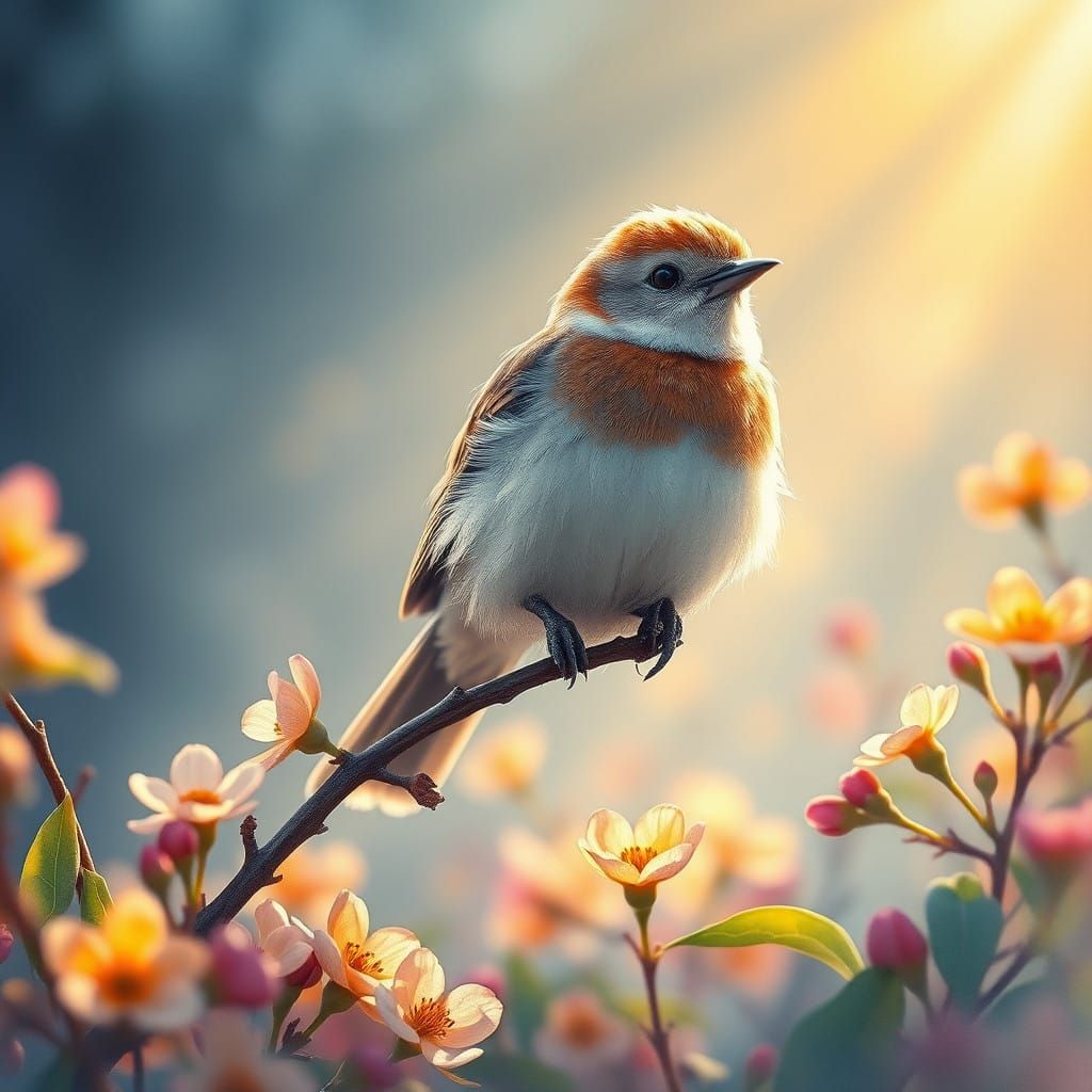 Whimsical Fantasy Scene with Majestic Bird and Blooming Flow...