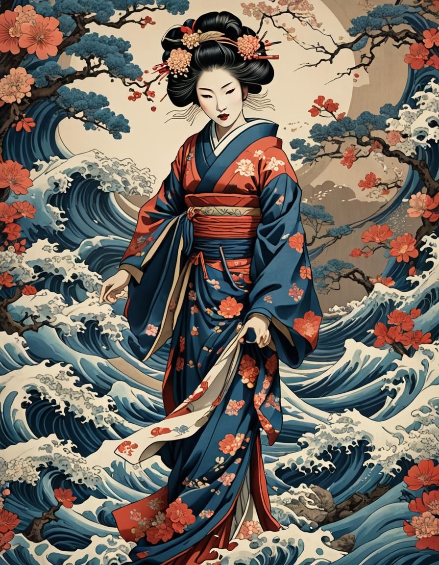 Geisha in Hokusai-Inspired Fluid Illustration