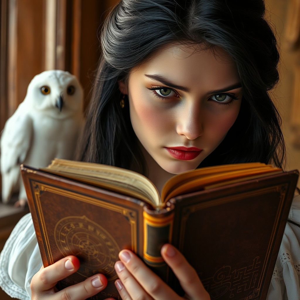 Girl Reading Vintage Book, Hyperrealistic Close-Up Portrait