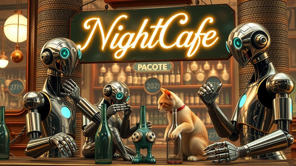Retro-Futuristic Robots Bottling Cats in Steampunk NightCafe