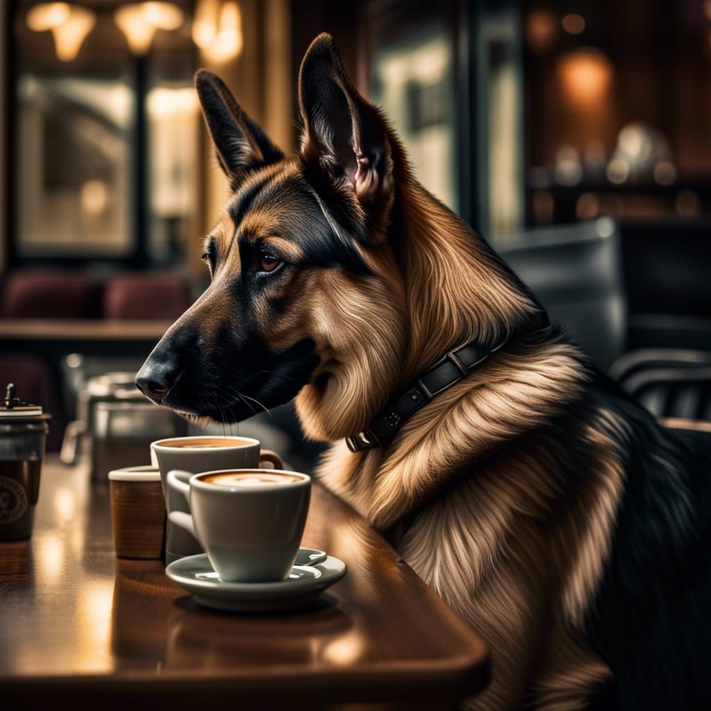 A german shepard drinking coffee at a coffee shop intricate details, HDR, beautifully shot, hyperrealistic, sharp focus,...