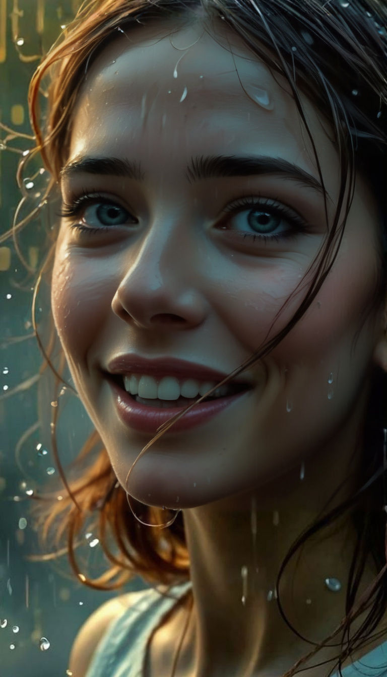 Hyperrealistic Portrait of Girl Smiling in Rain