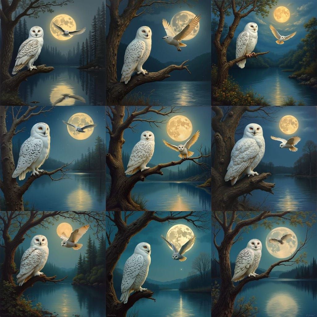 White Owls Under Moonlight: Oil Painting
