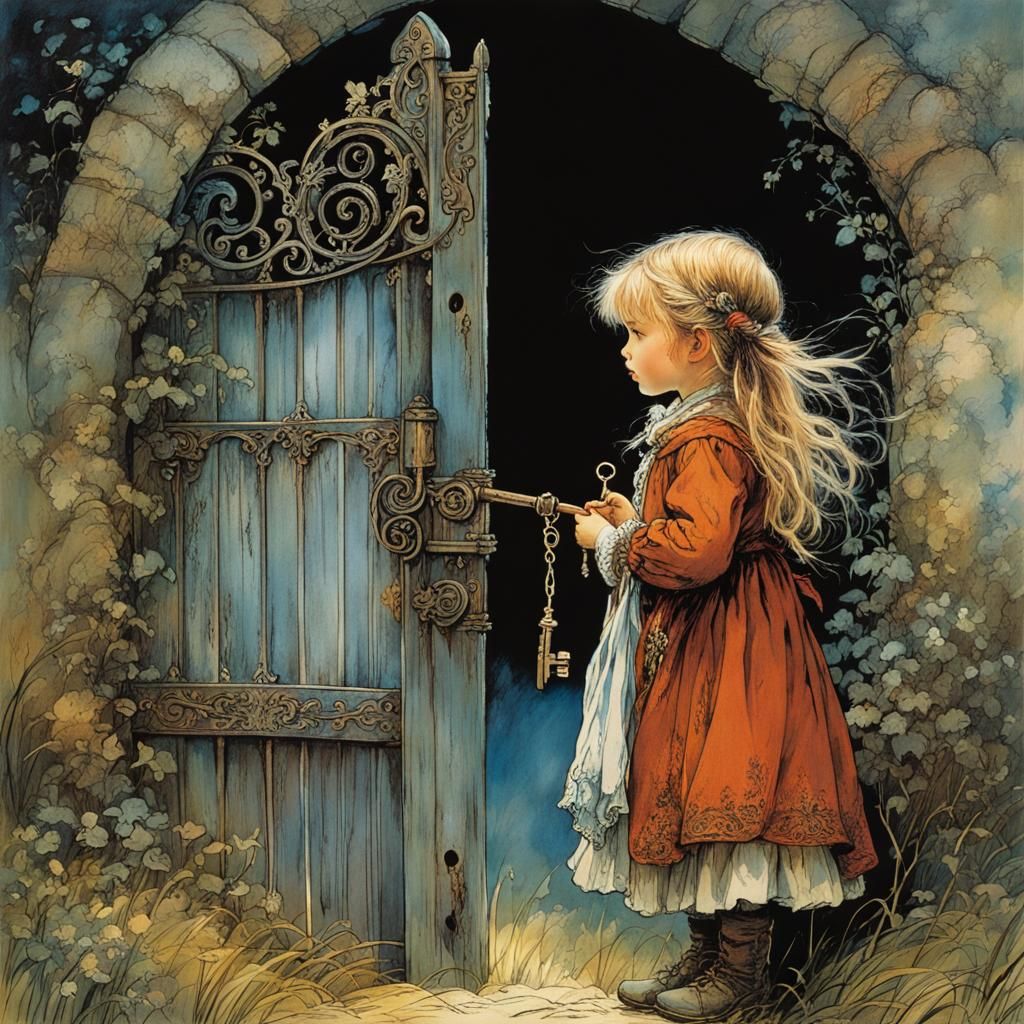 Girl Opens Fairytale Gate: Ornate Key, Detailed Art