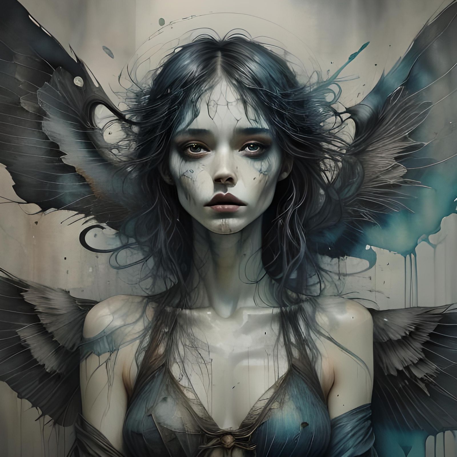 Grungy Ink Drawing of Fallen Angelic Figure